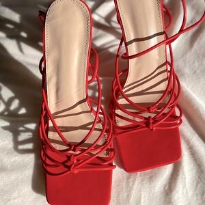 Red Strappy Square Toe Lace-Up Women's Heels